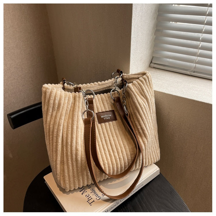 Retro Large Capacity Shoulder Bag Casual Simple Portable Shopper Tote Bag Corduroy Solid Commuter Zipper Women's Handbag